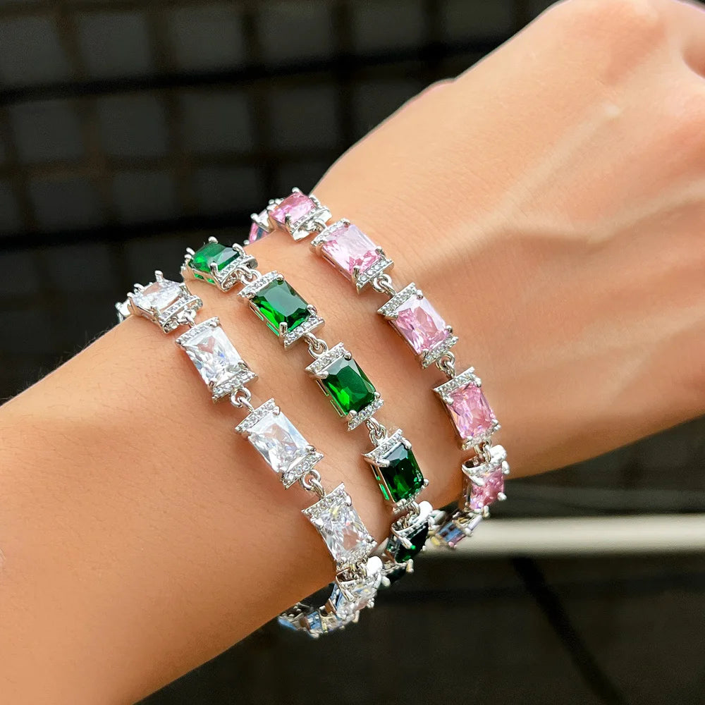 Gemfiori Glamorous Jewelry Gold Plated Rectangle Light Green Cubic Zirconia Anniversary Wedding Party Chain Link Bracelets for Women Man