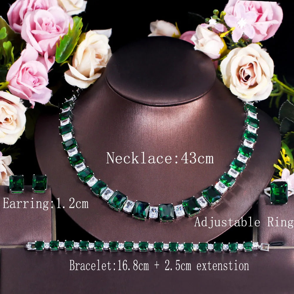 4pcs Square Cubic Zirconia Dark Green African Bride Jewelry Sets Necklace Earrings for Women Luxury Evening Party Costume