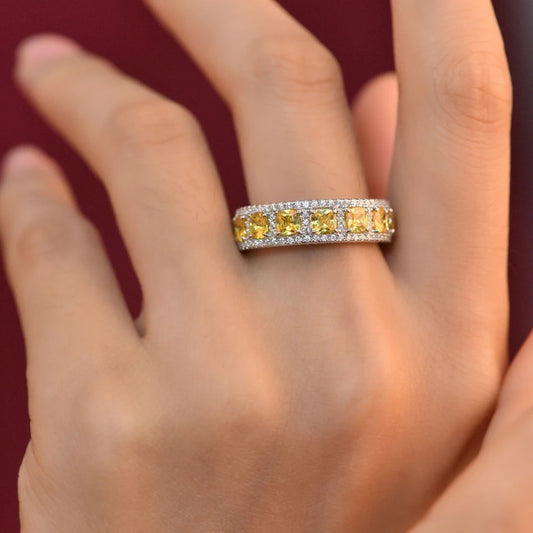 Silverelli | 925 Silver 0.25ct Fat Square Cut High Carbon Diamond Ring | 3.5×3.5mm | Pale Yellow | Platinum Plated