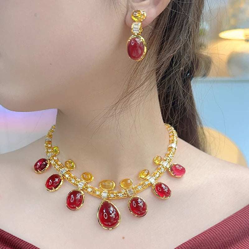Retro Exaggerated Red Bead Hollow Necklace Earring Set Made of Brass Material Skin Friendly Women's Dress Accessories