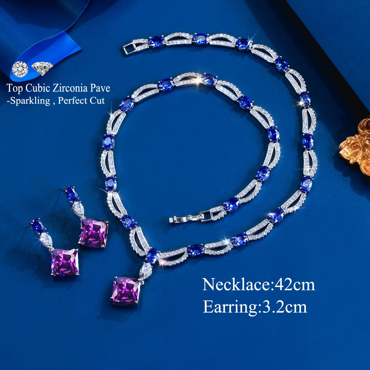 Rhodium Plated CZ Jewelry Set Cubic Zircon Blue Oval Purple Rhombus Dangle Drop Necklace Earrings Jewelry Set for Brides Wedding