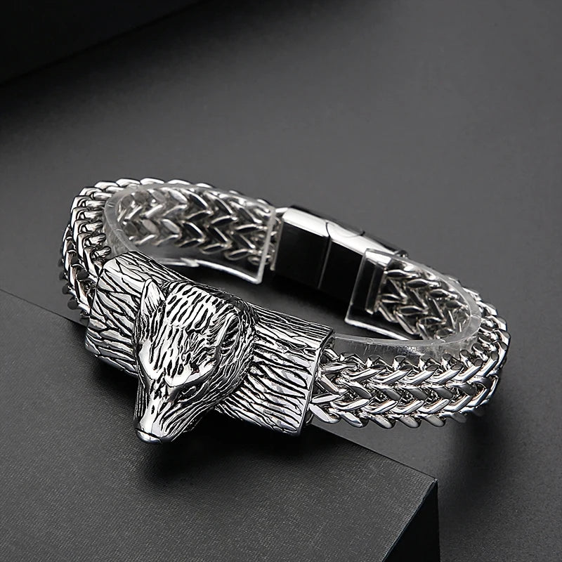 REBEL Punk Fine Jewelry Fashion Bracelets Men Stainless Steel Wolf Head Links Bracelet Bangle