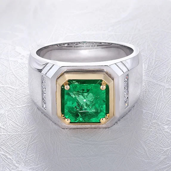 Gemfiori Anster Lab Created Emerald With Inclusions Men's Ring S925 Sterling Silver Lab Made Diamonds and Emeralds Ring