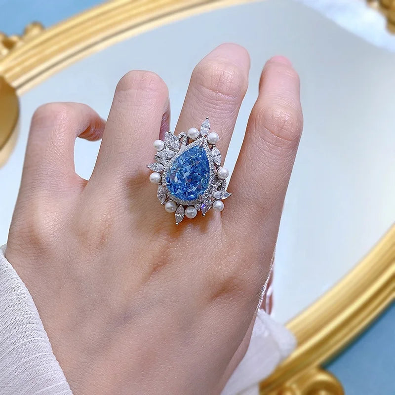 MuShan Jewelry Factory 925 Sterling Silver Rings High Carbon Diamond 11*15mm Ocean Heart Blue Water Drop Gemstones Ring Jewelry