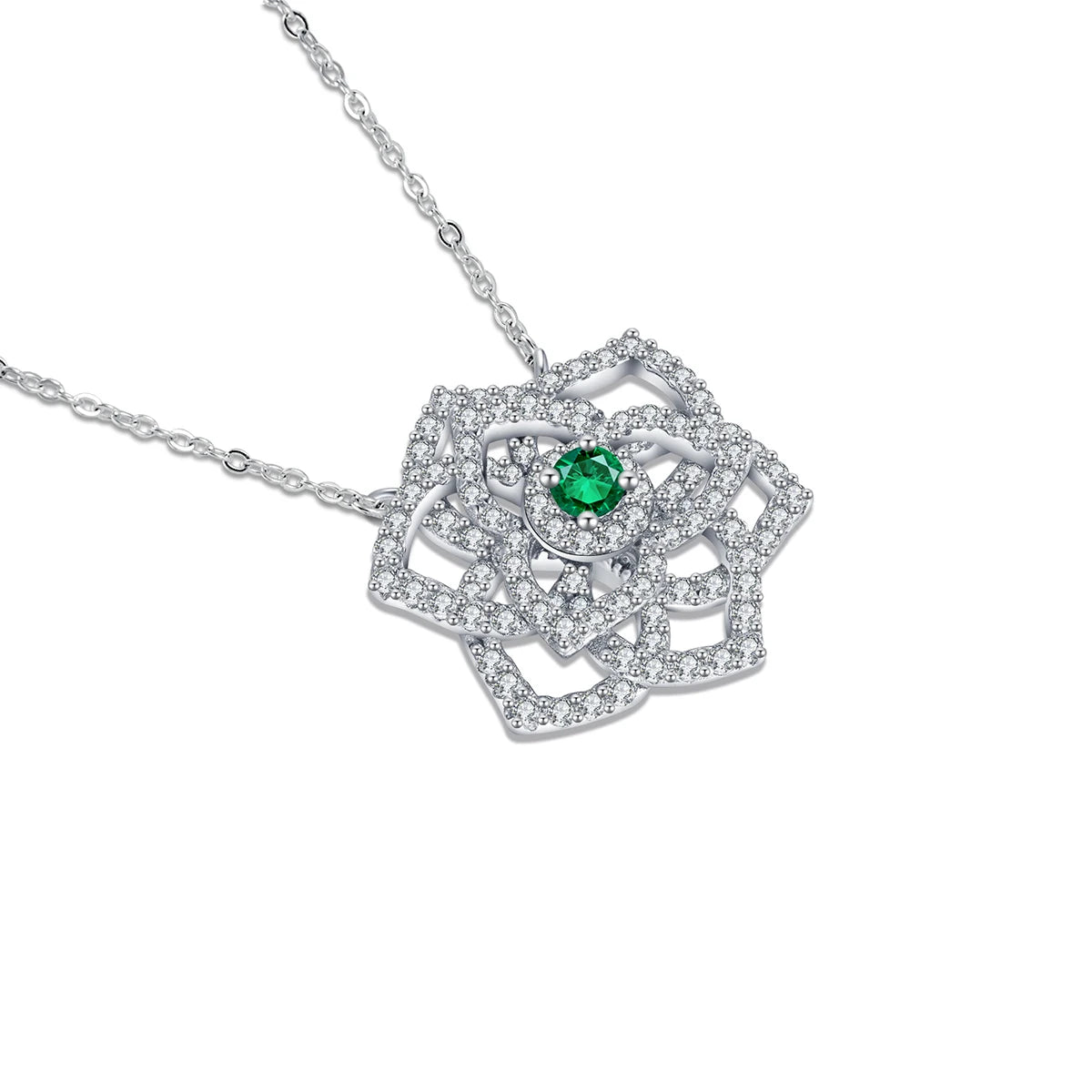 Gemfiori ANSTER 925 Sterling Silver Customised Necklace Round Emerald Diamond Rose Flower Necklace With 18 Inch Silver Chain