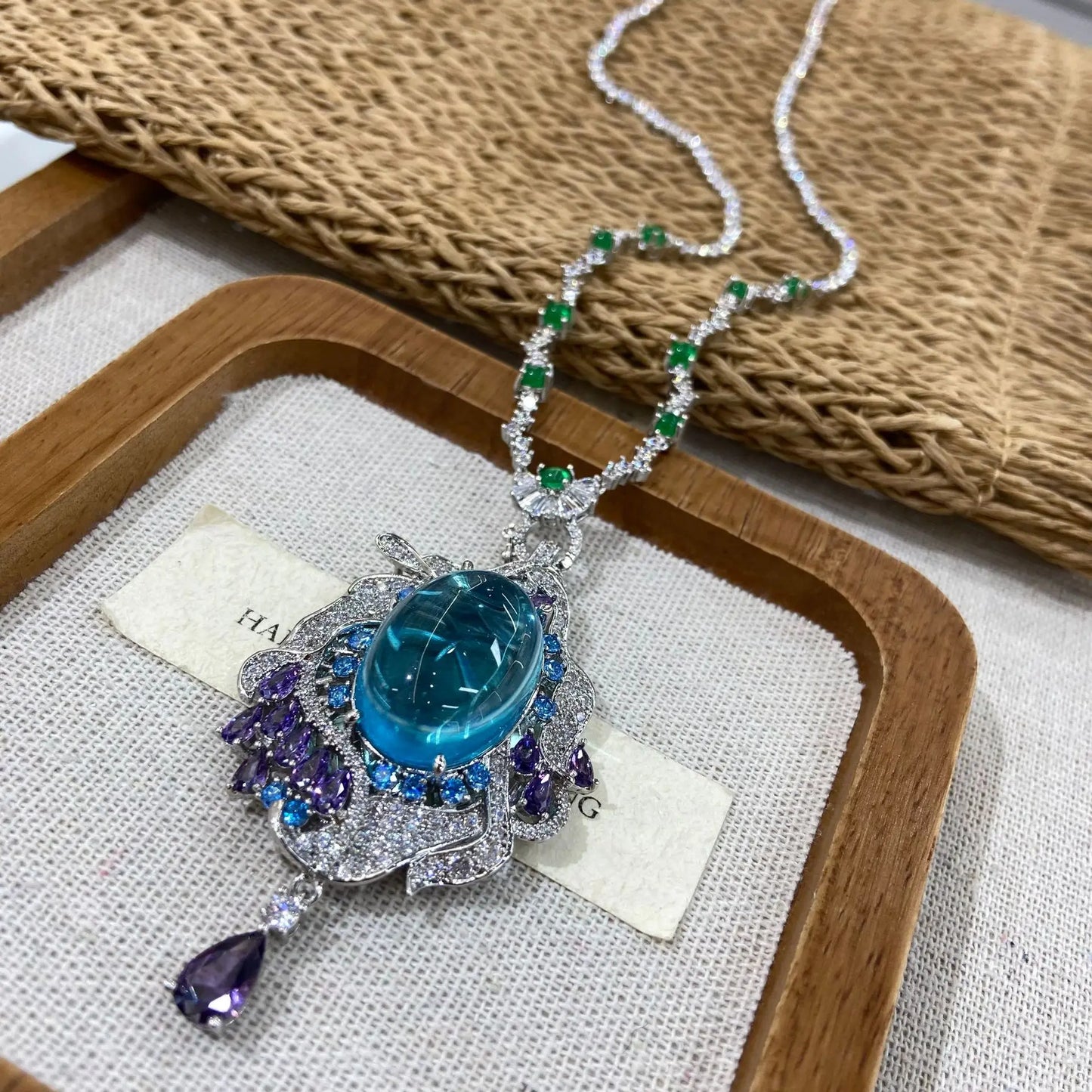Vintage Blue Aqua Oval Cabochon & Purple Zirconia Pendant Necklace — Rhodium Plated