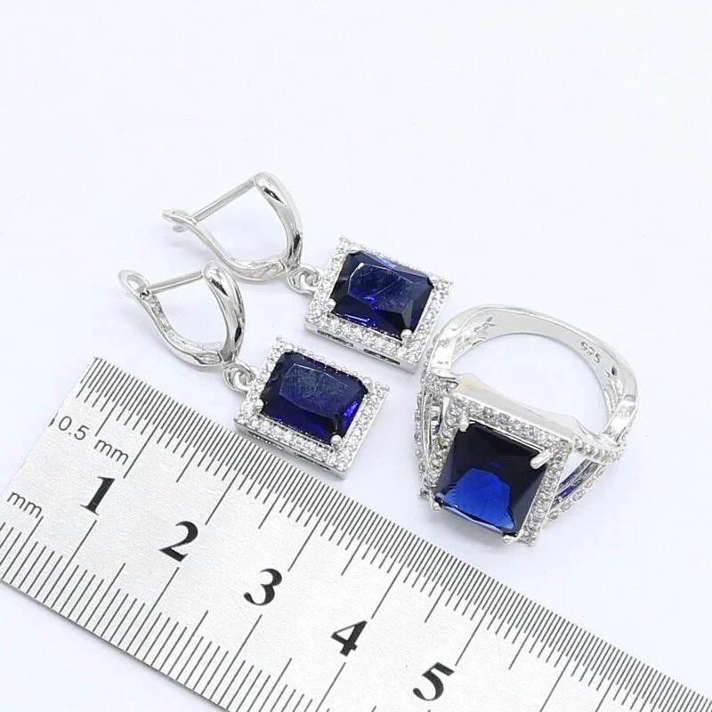 XOTICA Women's Custom Silver Set Square Blue Sapphire Rings Bracelets Earrings Pendant Necklace for Wedding Party Gift Alloy