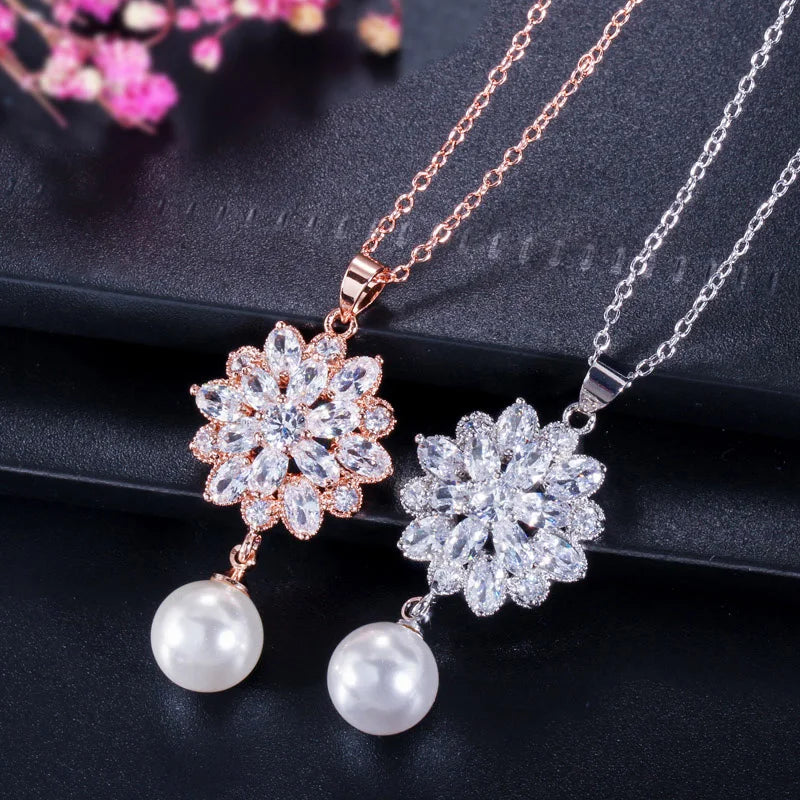 Brilliant Cubic Zirconia Stone Trendy Flower Pearl Jewelry Sets High Quality Dangle Earring and Necklace for Women Engagement