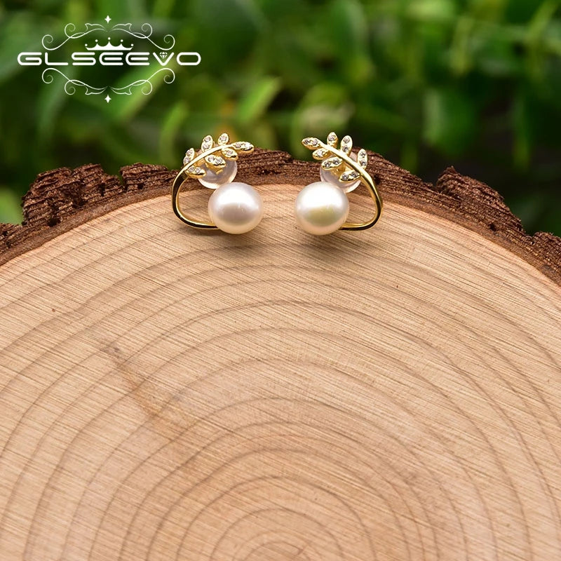 Natural Freshwater  Pearl Stud Earrings for Women  Gift 925 Sterling Silver Leaf Zircon Style  Earrings  Fashion Jewelry