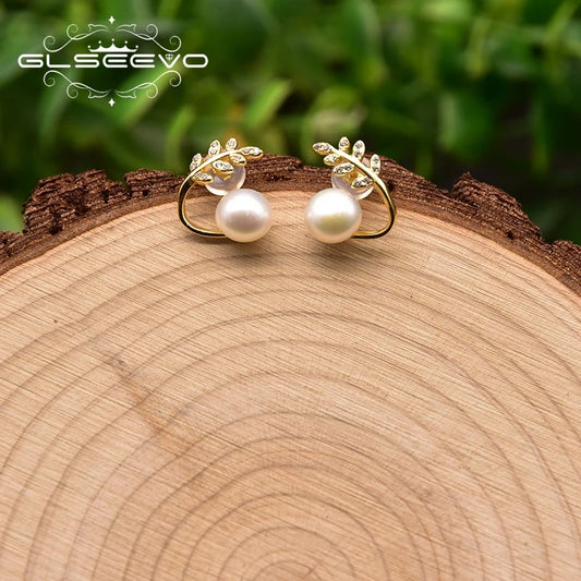 Natural Freshwater  Pearl Stud Earrings for Women  Gift 925 Sterling Silver Leaf Zircon Style  Earrings  Fashion Jewelry