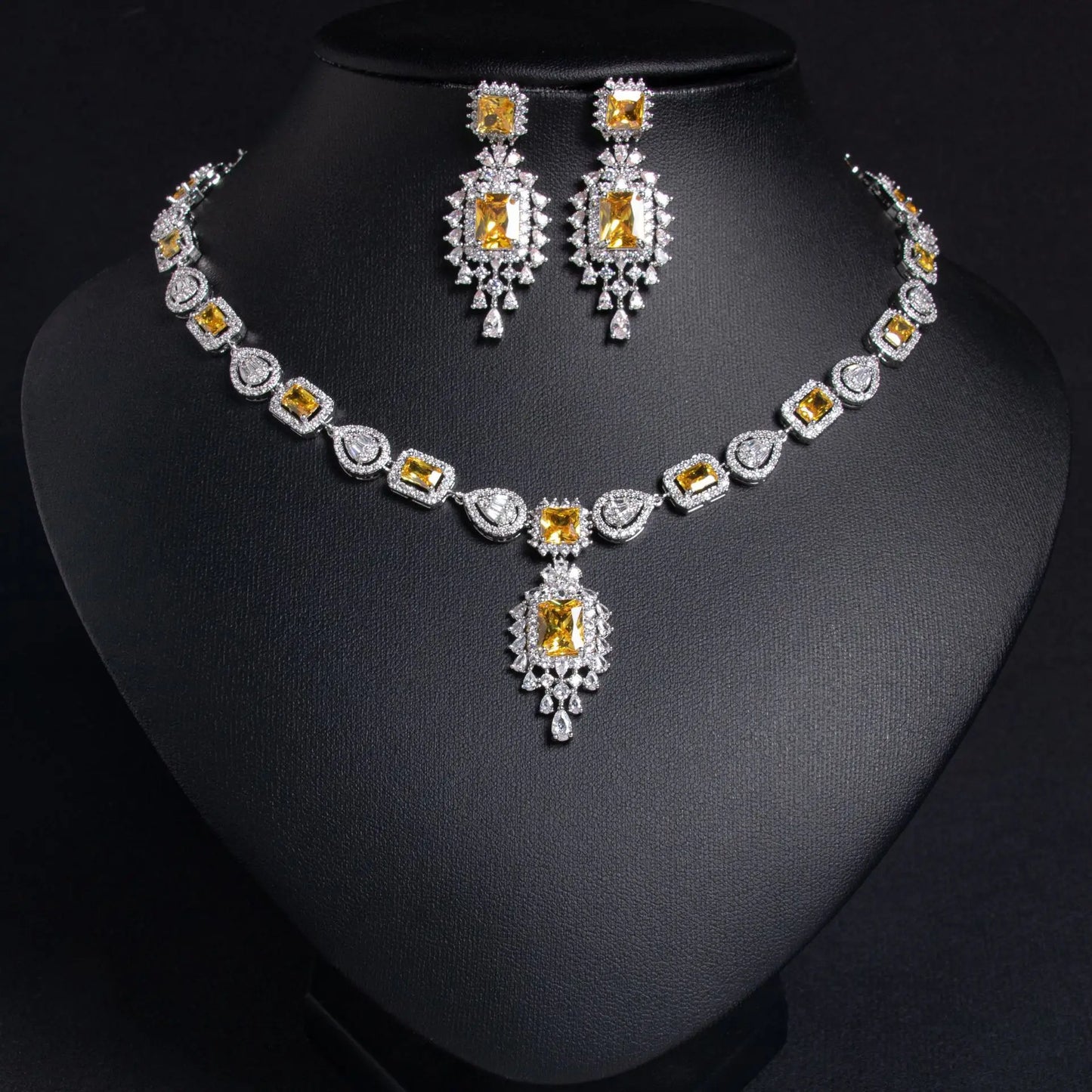 Luxury Princess-Cut Zirconia Rectangle Necklace & Earrings Bridal Set — Rhodium Plated