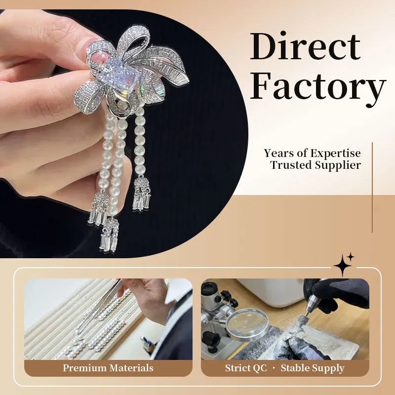 Tassel Dangle Pearl Brooch 4-5mm Freshwater Bowknot Motif Zircon Inlaid Polished Metal Luxury Accessory Fashion Brooches