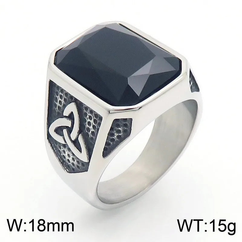Kalen Vintage Viking Jewelry Luxury Court Style Gemstone Carved Zircon Inlays Stainless Steel Men Rings