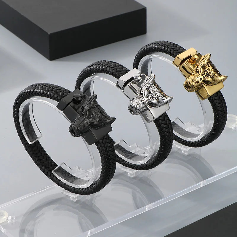 KALEN Men Punk Fashion Bracelets Fine Stainless Steel Leather Wolf Skull Bracelet Bangles