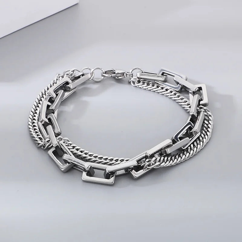 KALEN Unisex Fine Jewelry Fashion Bracelets Retro Stainless Steel Double Links Bracelet Women