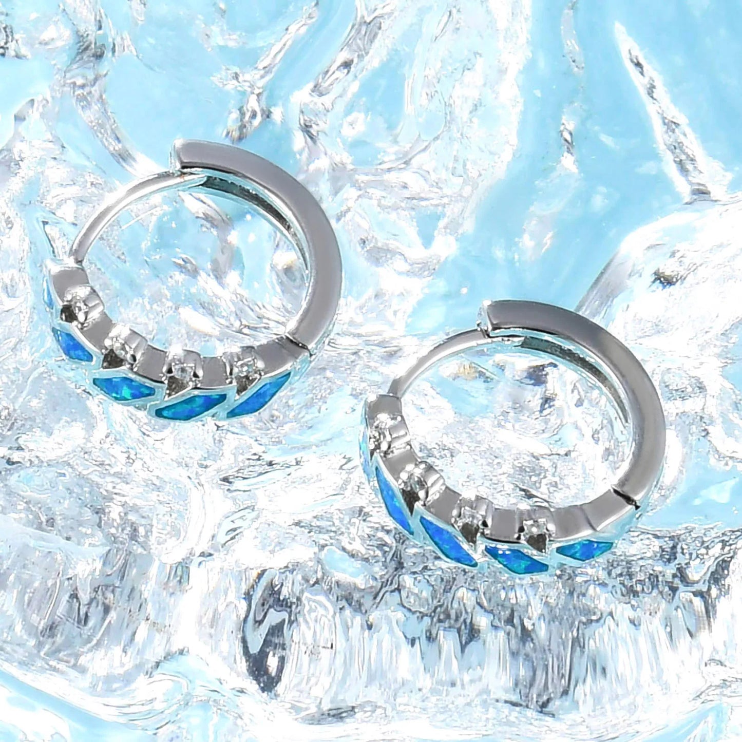 Geometric Mosaic Opal Huggie Hoops - Blue Fire Opal & CZ Accent Grid Design | Chic Daily Jewelry Bulk Gifts