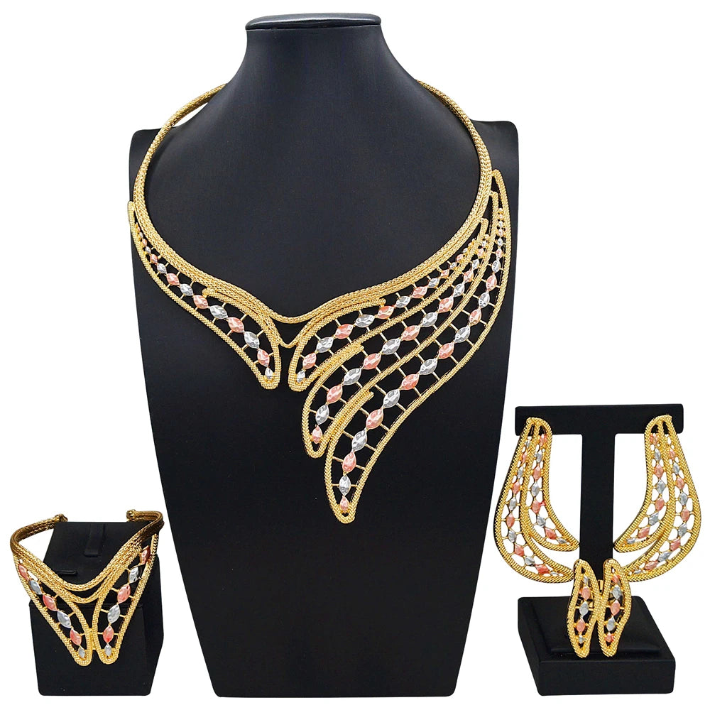 Zhuerrui Luxury V-neck Choker Wedding Jewelry Set for Bride Brazilian Gold Plated Bridesmaid Accessories with Crystal  X0008330