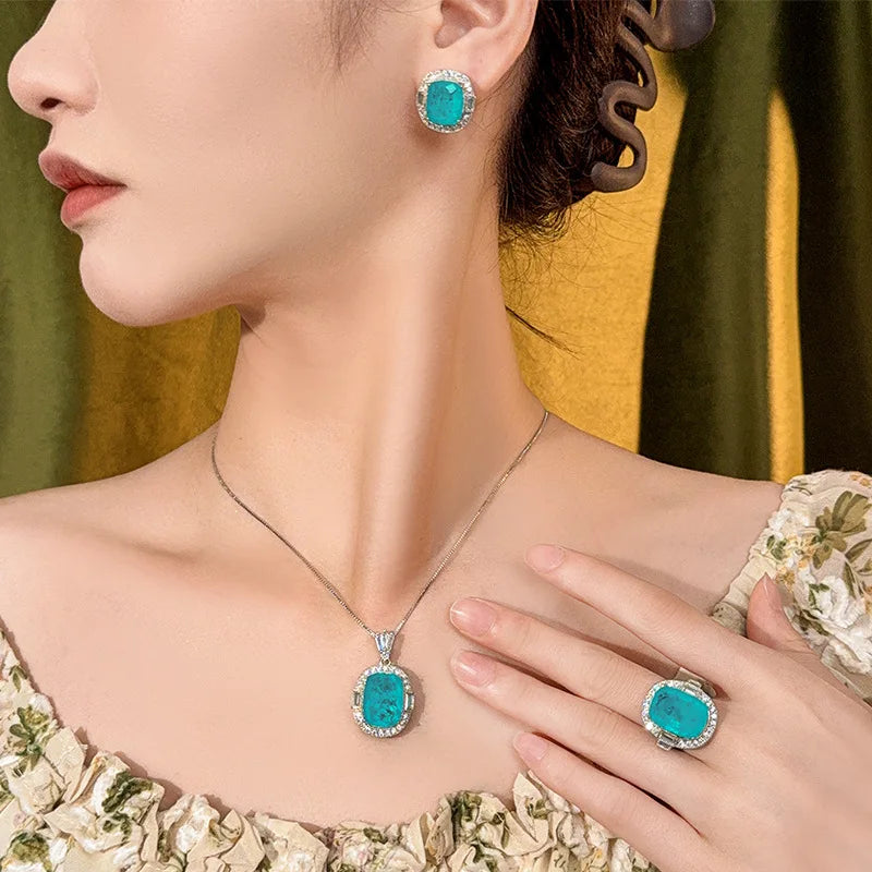 REDheart Women's Copper Inlaid Zircon Gold-Plated Flower Open Ring Simulation Paraiba Blue Fashion Necklace Pendant Set