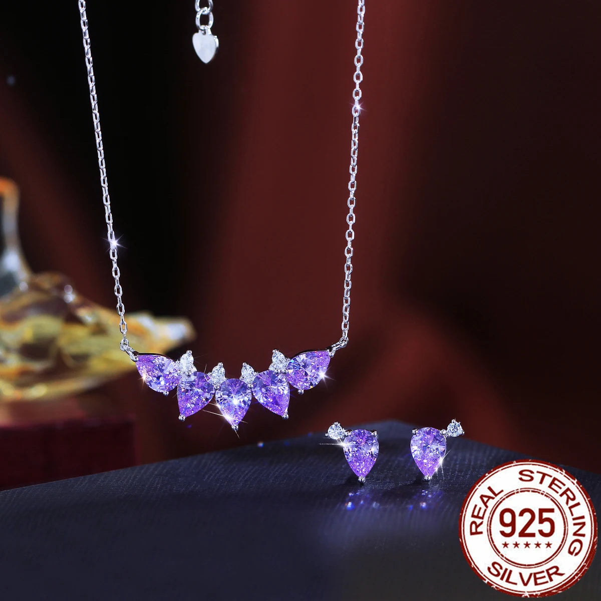 Purple Drop CZ Jewelry Set Zircon Pendant Necklace Jewelry Set for Lady Daily Wear Birthday Gift 925 Sterling Silver Jewelry