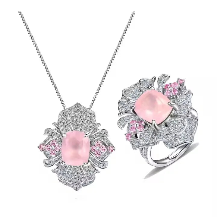 ArtistA Vintage Light Luxury Large Flower Jewelry Set 9X11MM Cushion Natural Stone 925 Silver CZ Flower Pendant Charm Ring Jewelry Set