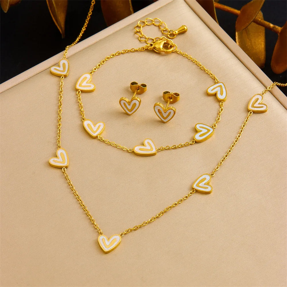 Hot Sell Fashion Stainless Steel Heart Necklace Earrings and Bracelet Set Women Luxury Gold Jewelry Set