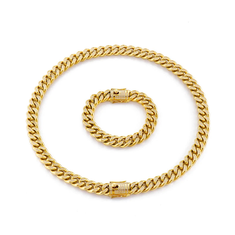 KALEN Luxury High Quality Inlaid Zircon Chain Bracelet Necklaces Men Stainless Steel Jewelry Set