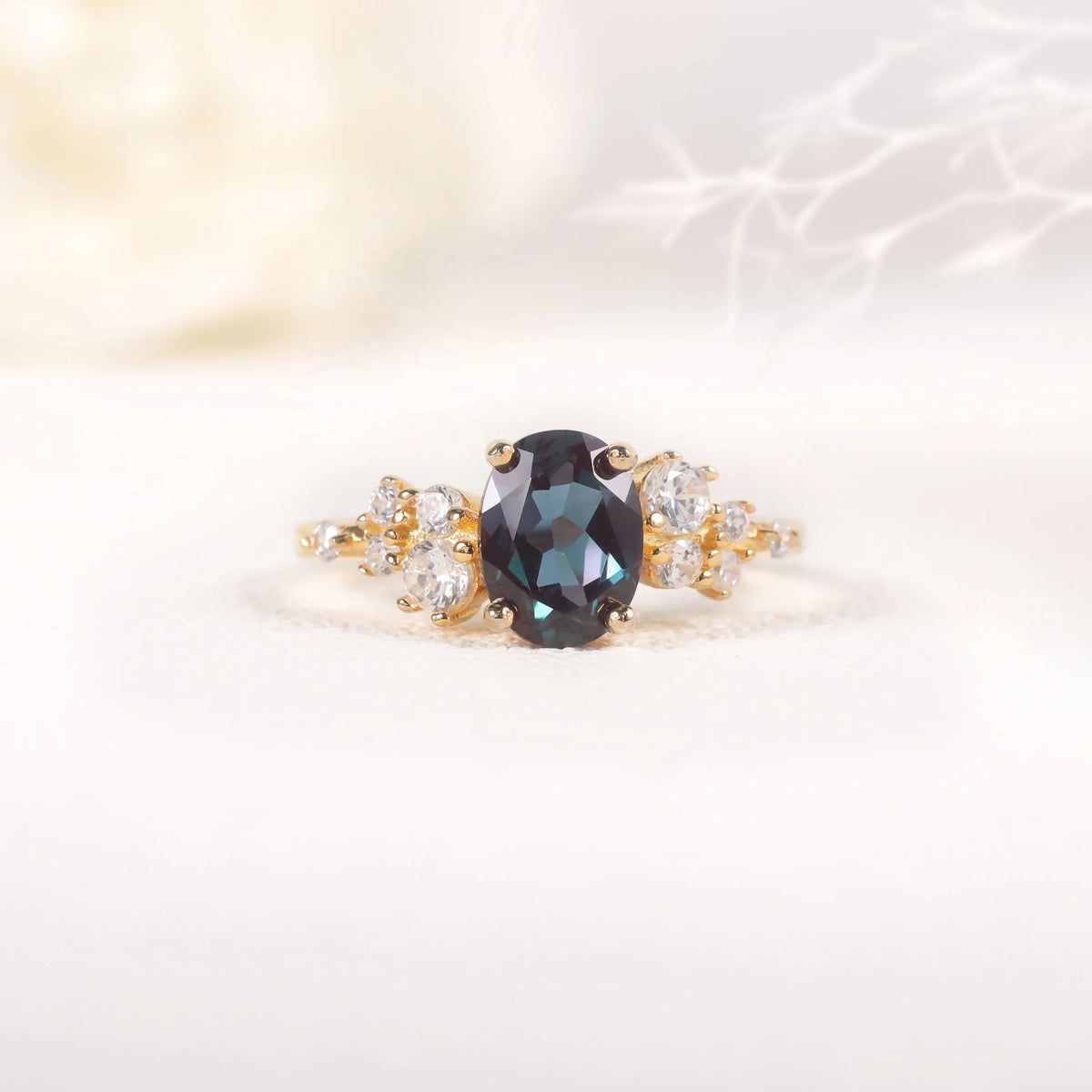 Gemfiori OL0897 Abiding Dainty 14K Yellow Gold Plated 925 Sterling Silver White Cz Oval Cut 6x8MM Color Change Alexandrite Ring