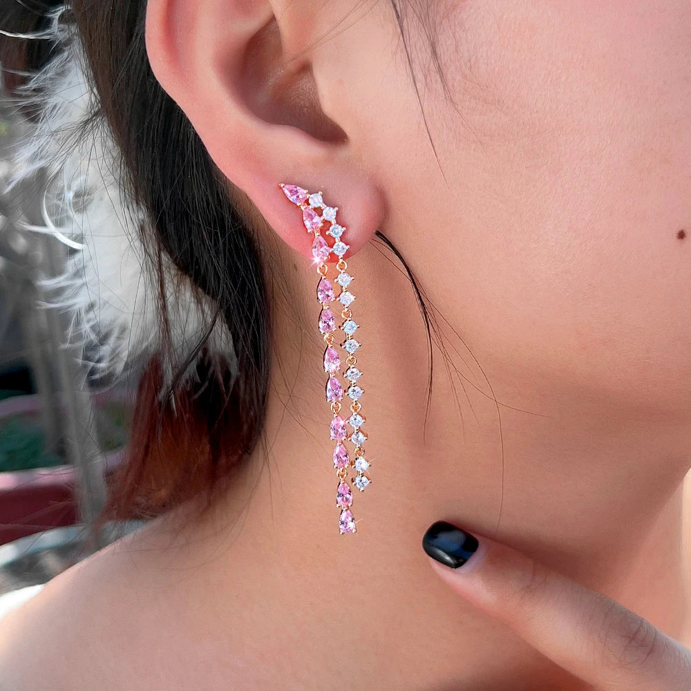 S&S Pink CZ Long Tassel Ear Line Drop Earrings – 7cm Gold Plated – Collection