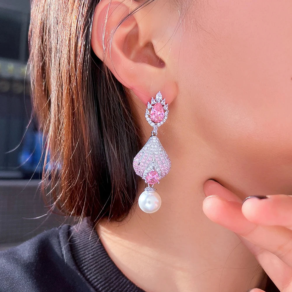 S&S Pink CZ Pavé Pearl Huggie Drop Earrings – Pear Cut – Rhodium Plated – Collection