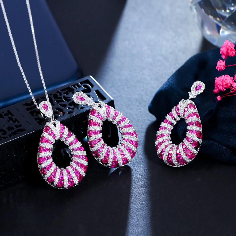 Micro Pave Excellent Fuchsia Red Cubic Zirconia Dangle Pendant Necklace Tear Drop Earring Jewelry Set for Women Festive Prom