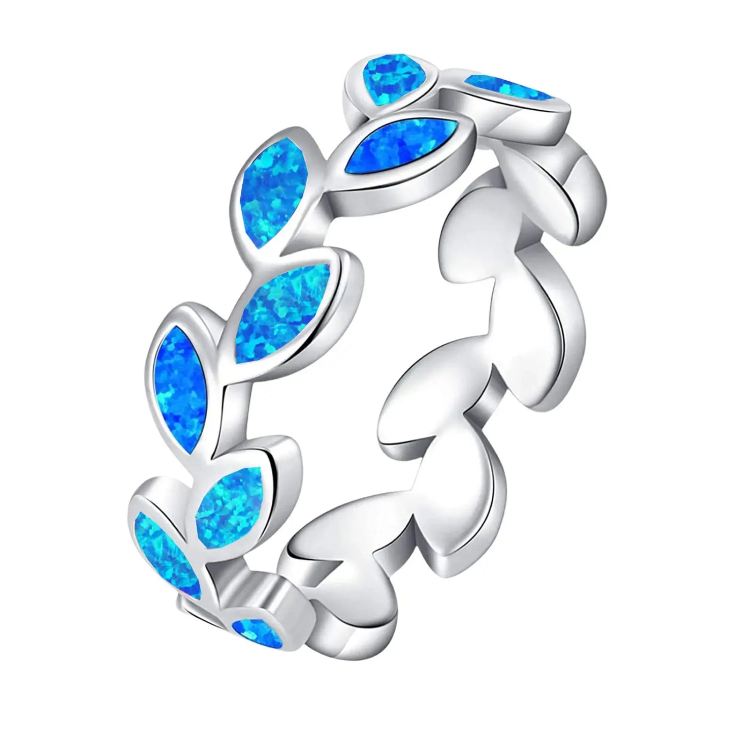 Leaf-Shaped Blue Opal Twisted Ring | Iridescent Gem Inlay Band | Nature-Inspired Fashion Jewelry for Women Trendy Wear