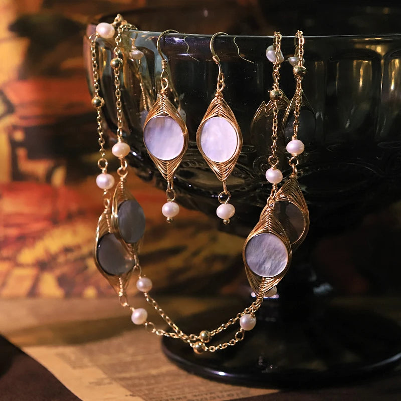 GLSEEVO Natural Freshwater Pearl & Shell Necklace & Earrings Set — Luxury Design for Gifting & Banquet