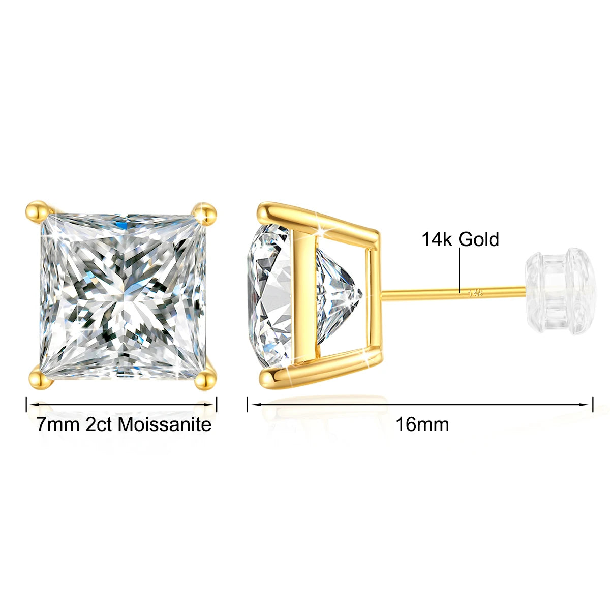 Gioiellieri Fine Jewellery Engagement Gift Woman Hollow 14K Gold 1ct 2ct 3ct Princess Cut Moissanite Stud Earrings