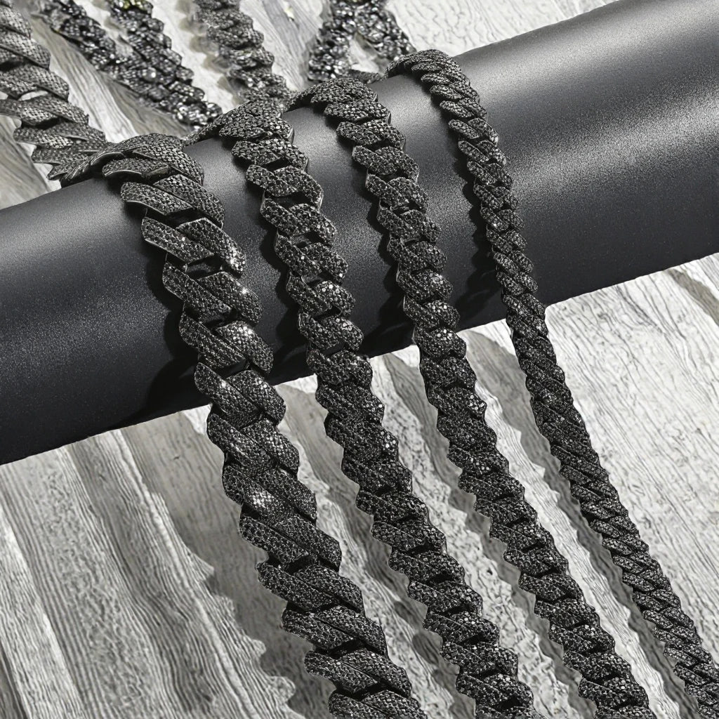 HONEY Hip Hop Jewelry 10/13/15/20mm Black Gun Plated Brass Strip Cuban Necklace Iced Out CZ Prong Cuban Link Chain Men Zircon