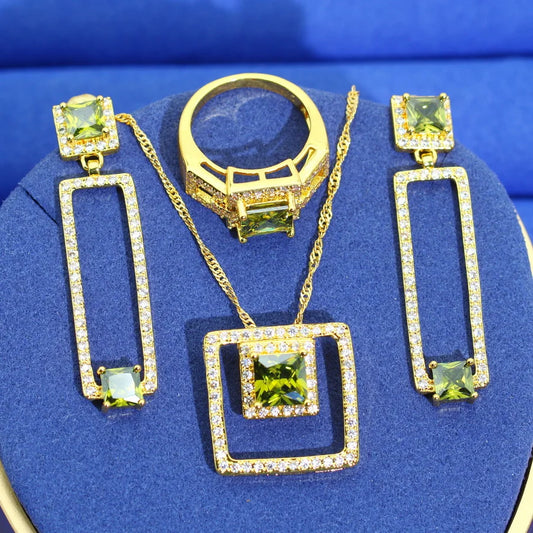 18K Gold Plated Unique Jewelry Sets for Women Wedding Olive Green Zirconia Earrings Necklace Pendant Ring Dating Gifts