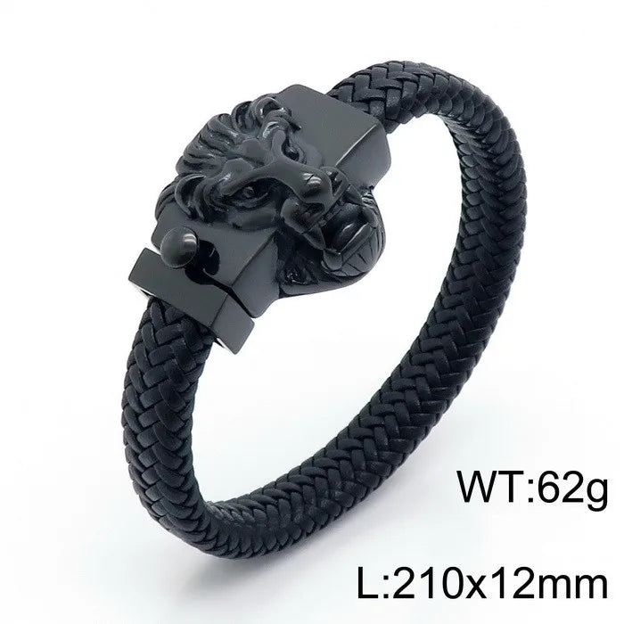 KALEN Men Punk Fashion Bracelets Fine Stainless Steel Leather Wolf Skull Bracelet Bangles