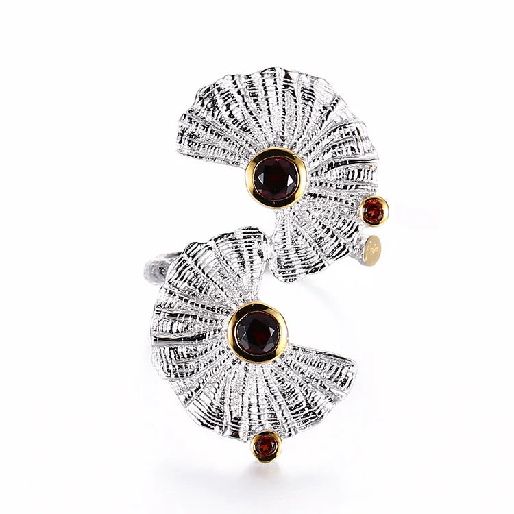 Unique Fan Design Garnet Stone 925 Sterling Silver Jewelry Ring with White Gold Plated