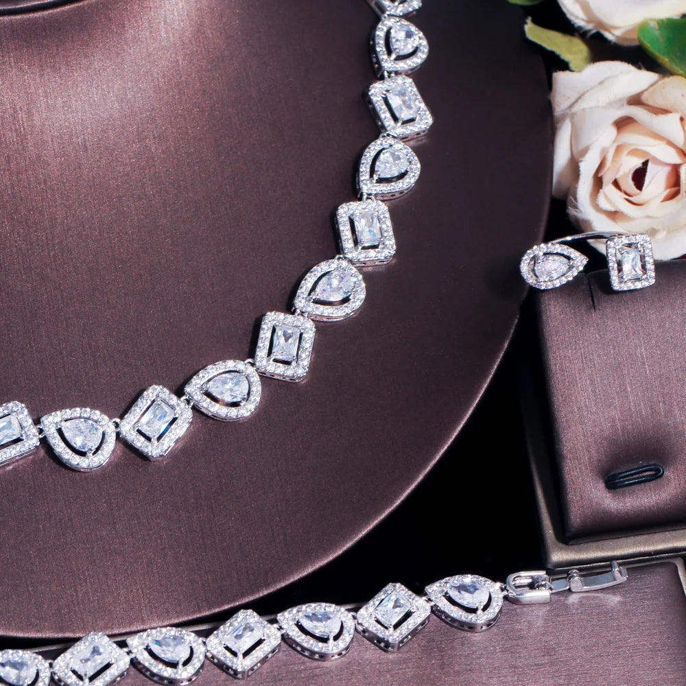 Silver Color Water Drop Cubic Zirconia 4pcs Ring Bracelet Earrings Necklace Luxury Jewelry Sets for Women Weeding CZ Accessories