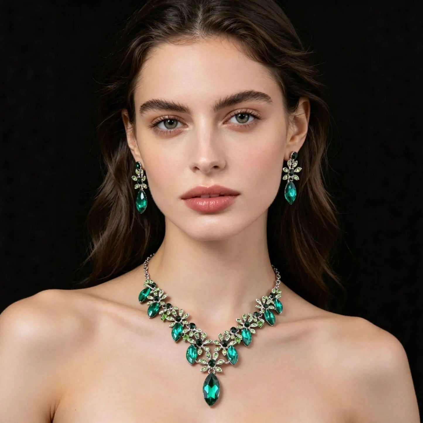 XM S374 Silver Plated Princess Cut Crystal Rhinestone Floral Necklace & Drop Earrings Set