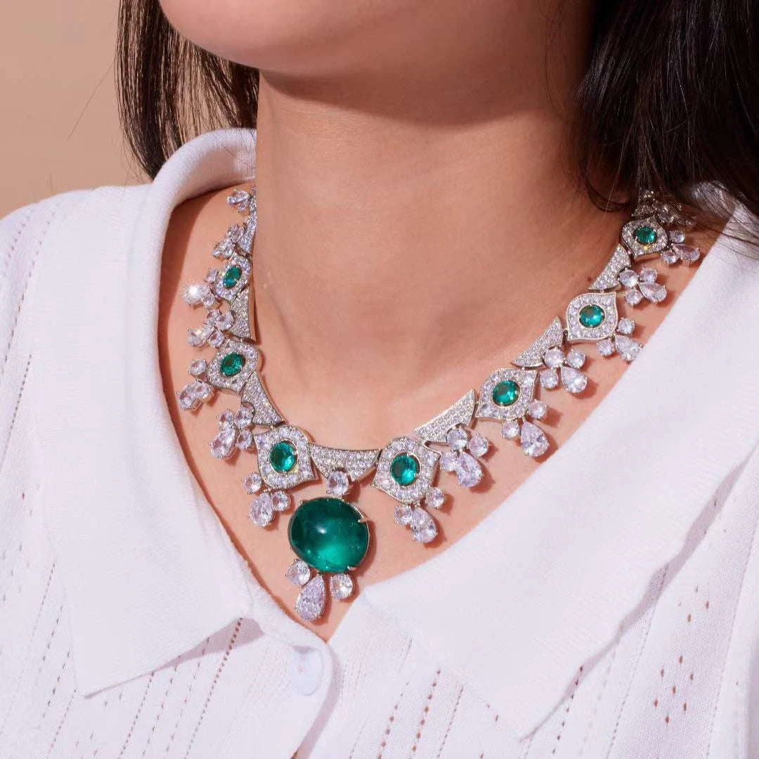 Emerald Green Cubic Zirconia Geometric Necklace & Earrings Jewellery Set