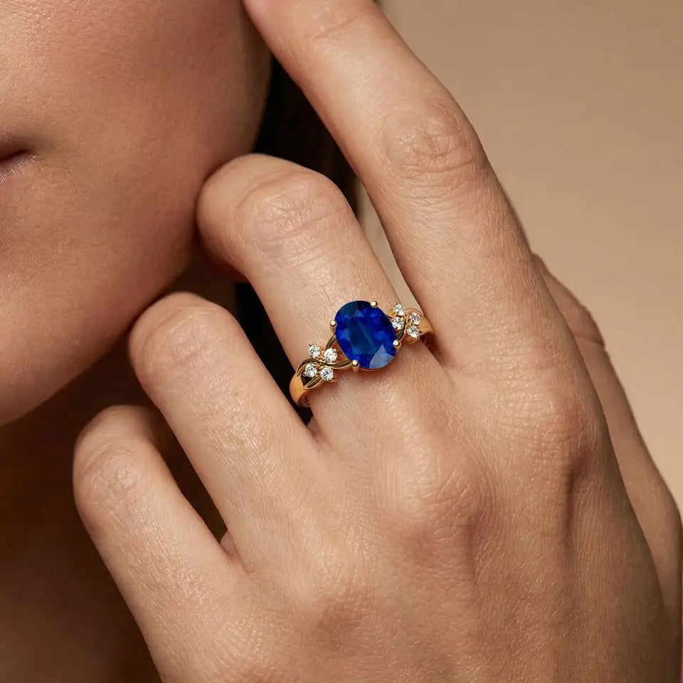 18K Gold Oval Blue Sapphire Gemstone Natural Diamond Halo Solitaire Wedding Ring IGI Certified 0.12Ct 8 Diamonds Rhodium Plated