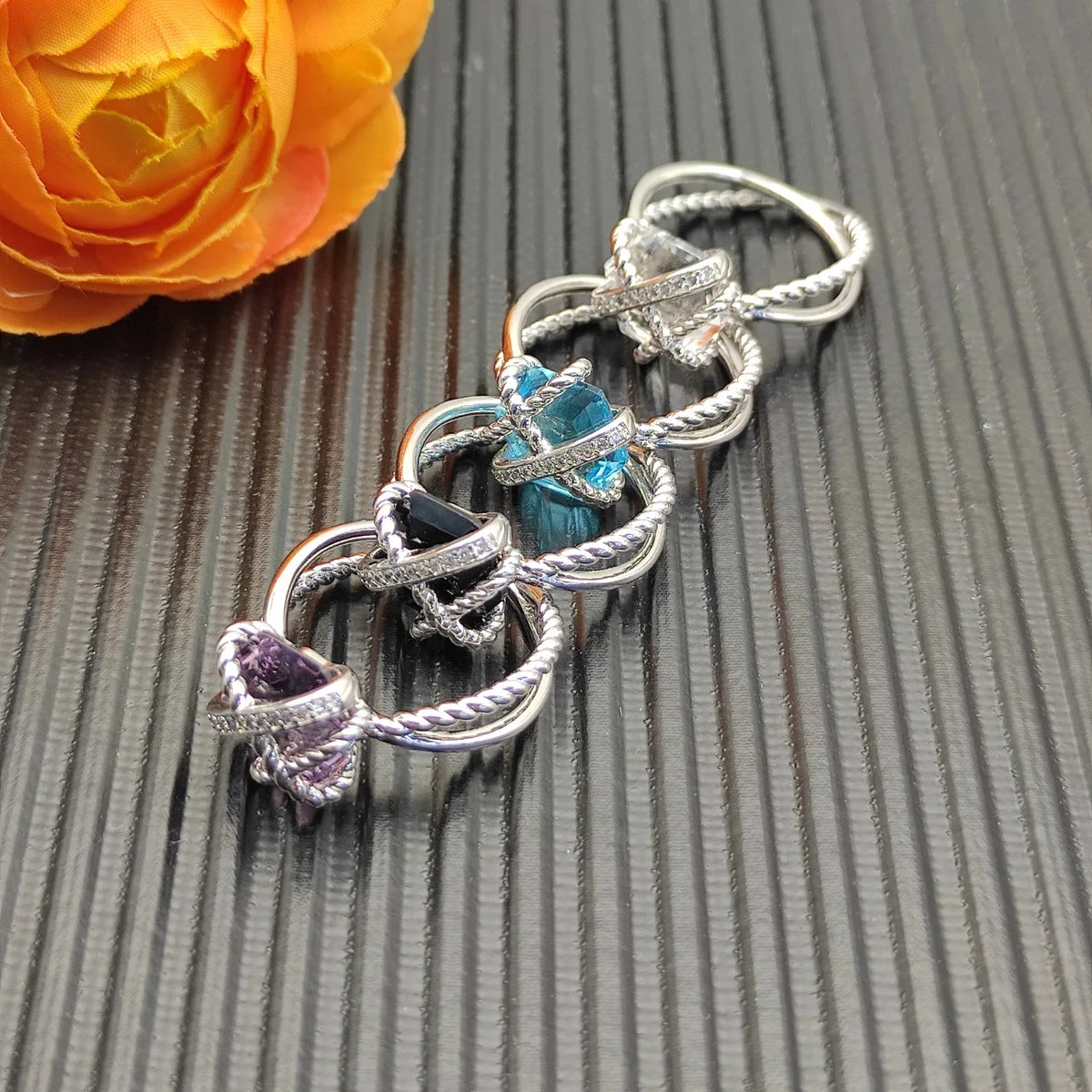 FASHIONISTA DY High-Quality Silver-Plated 11mm Hexagonal Diamond-Set Ring, Silver-Plated Colored Gemstone Inlaid Ring, Jewelry