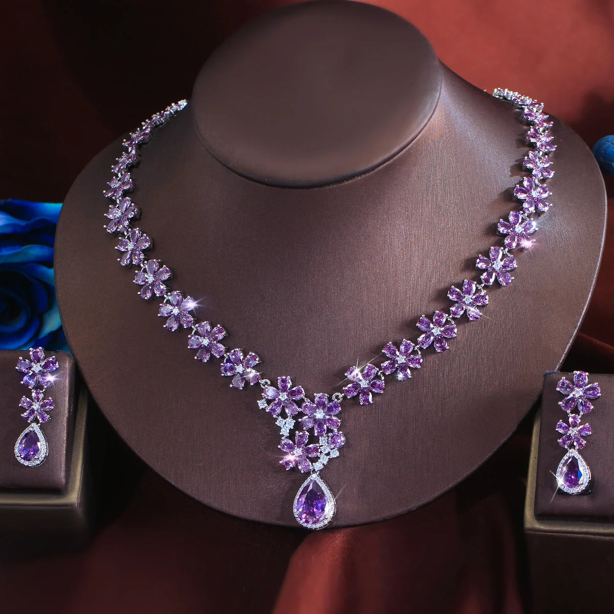 Charming Rhodium Plated CZ Jewelry Set Purple Flower Water Drop Necklace Earrings Jewelry Set for Women Brides Wedding Costume