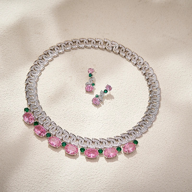 Exquisite Pink Zircon Bride Set S-shaped Full Diamond Necklace Earrings High End Customized Important Occasion Festival Jewelry