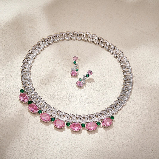 Exquisite Pink Zircon Bride Set S-shaped Full Diamond Necklace Earrings High End Customized Important Occasion Festival Jewelry