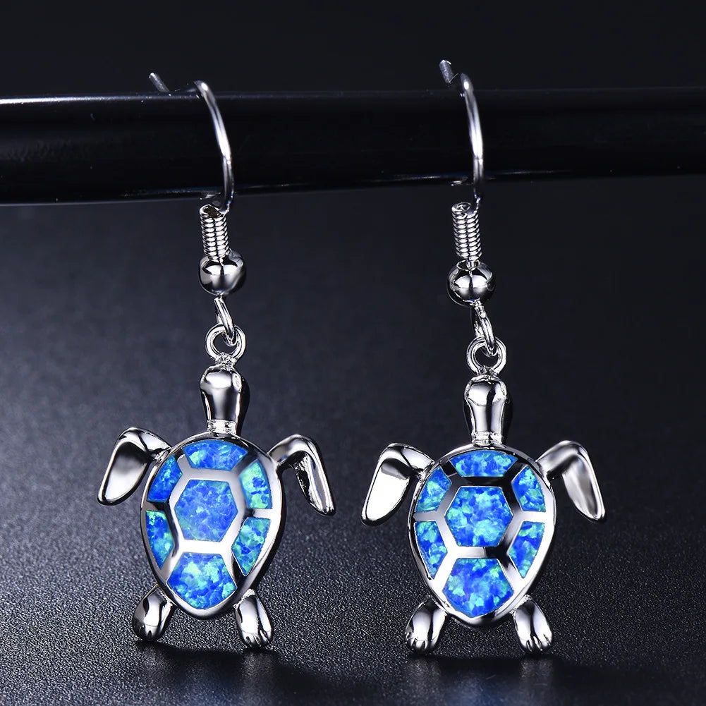 Ocean Vacation Vibes Blue Aobao Opal Sea Turtle Bohemian Christian Pendant Earrings Silver Plated Women's TikTok Top Seller