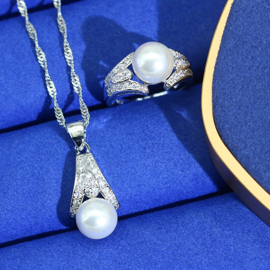 XOTICA White Pearl Zircon Platinum Plated Sterling Silver Classic Jewelry Sets for Women Wedding Earrings Necklace Pendant Ring Gifts
