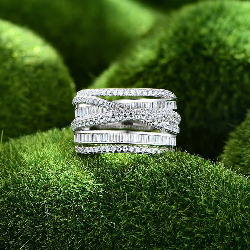 MuShan Jewelry Factory Line Surrounding Wide Pure Silver Women's Wedding Ring Micro Inlaid Zircon Luxury Pave Setting Party