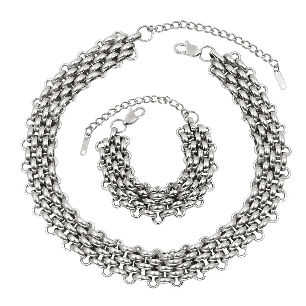 REBEL Hip Hop Fashion Jewelry Sets 18K Gold Stainless Steel Multilayer Woven Wide Chain Necklace and Bracelet Jewelry Sets for Women