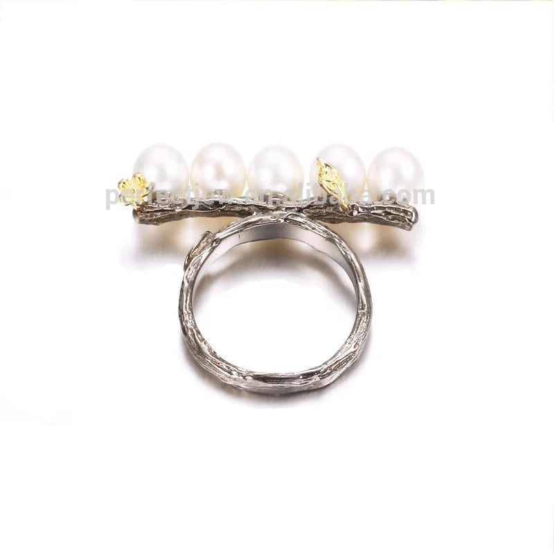 Freshwater Pearl 925 Sterling Silver Black Gold Plated Ring Jewelry